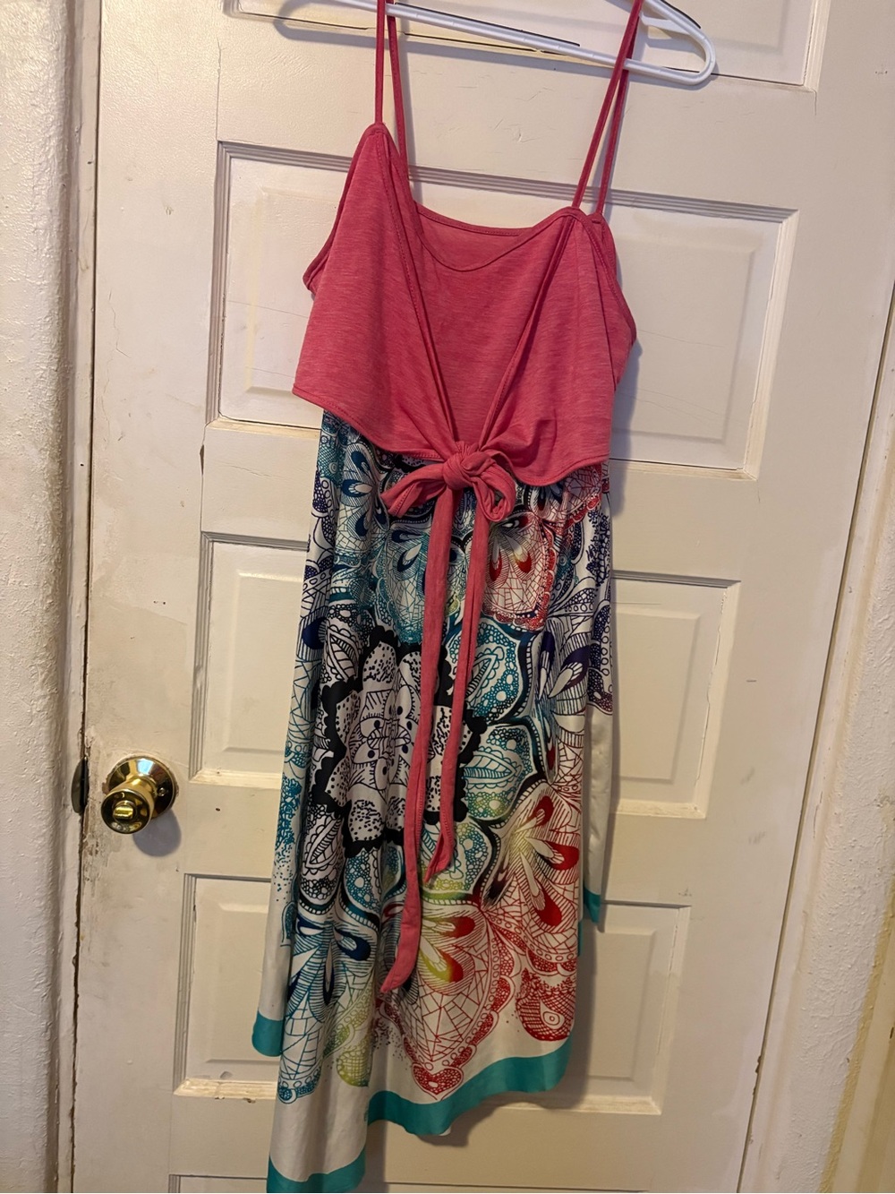 Pink Tie-Front Midi Dress with Colorful Mandala Skirt